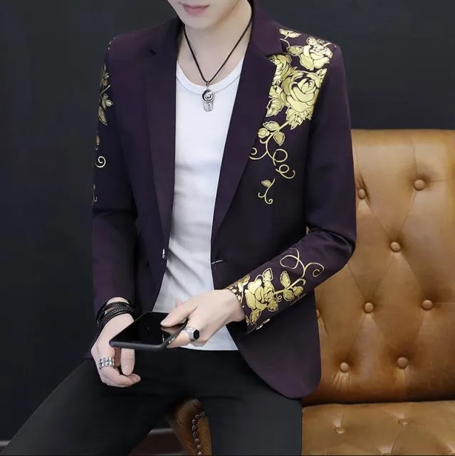 Luxury Gold Print Blazer Masculino Slim Fit Men Blazer Hombre Stage Cloth for Dj Singer Chaqueta Hombre Mens Blazers ( 1 Piece )