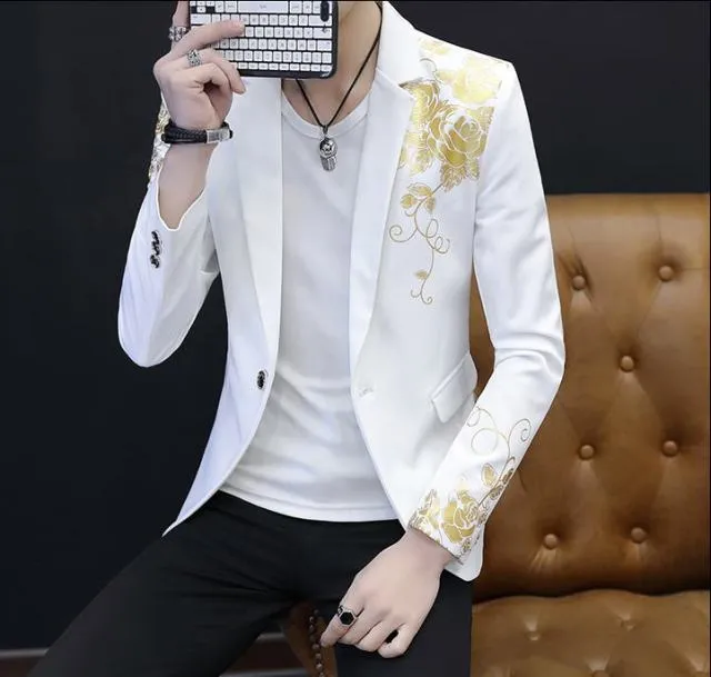 Luxury Gold Print Blazer Masculino Slim Fit Men Blazer Hombre Stage Cloth for Dj Singer Chaqueta Hombre Mens Blazers ( 1 Piece )