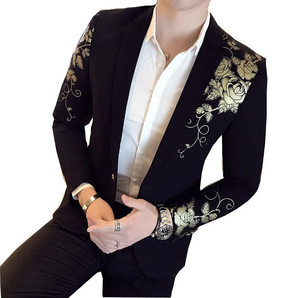 Luxury Gold Print Blazer Masculino Slim Fit Men Blazer Hombre Stage Cloth for Dj Singer Chaqueta Hombre Mens Blazers ( 1 Piece )