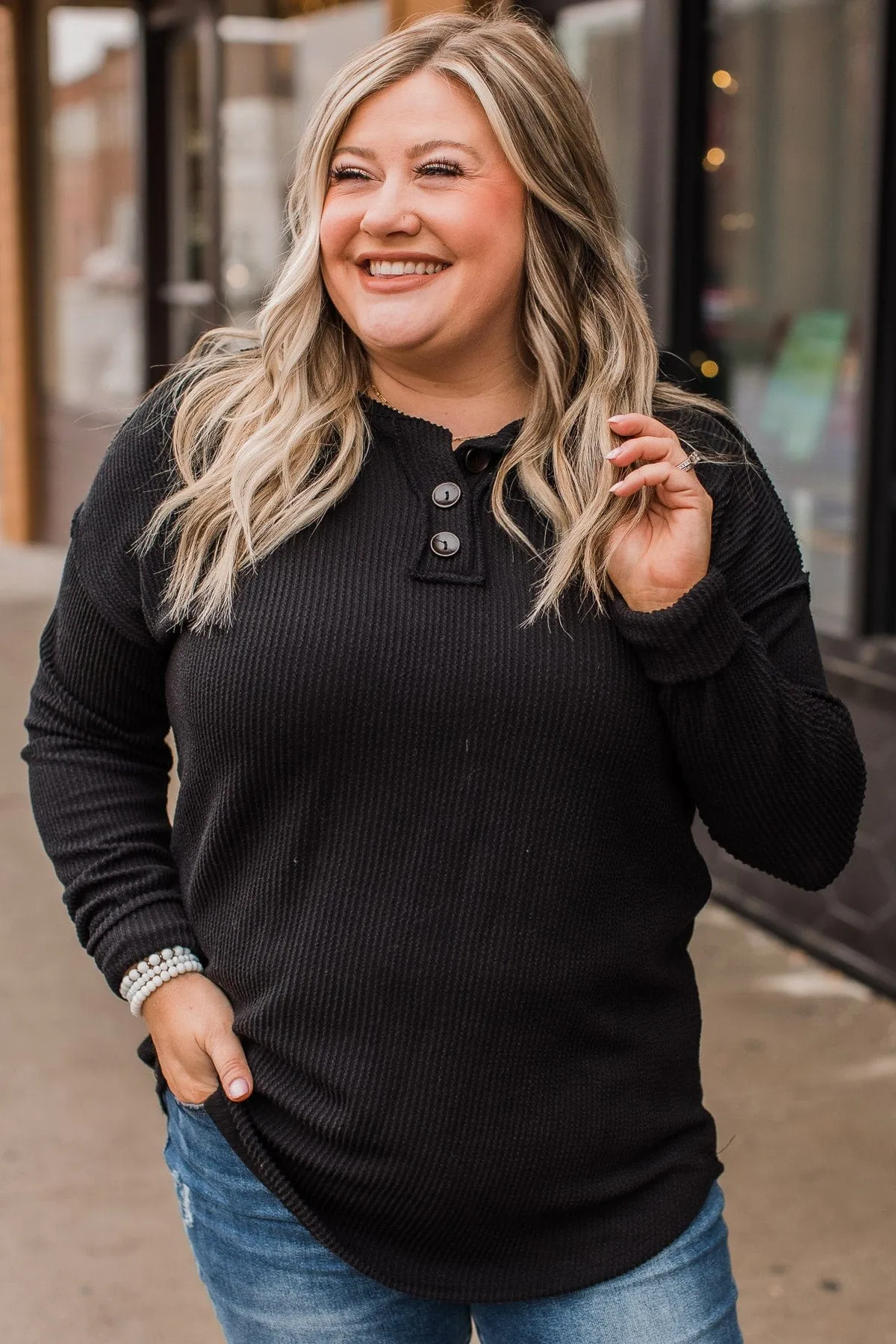 Make It Your Own Button Knit Top- Black