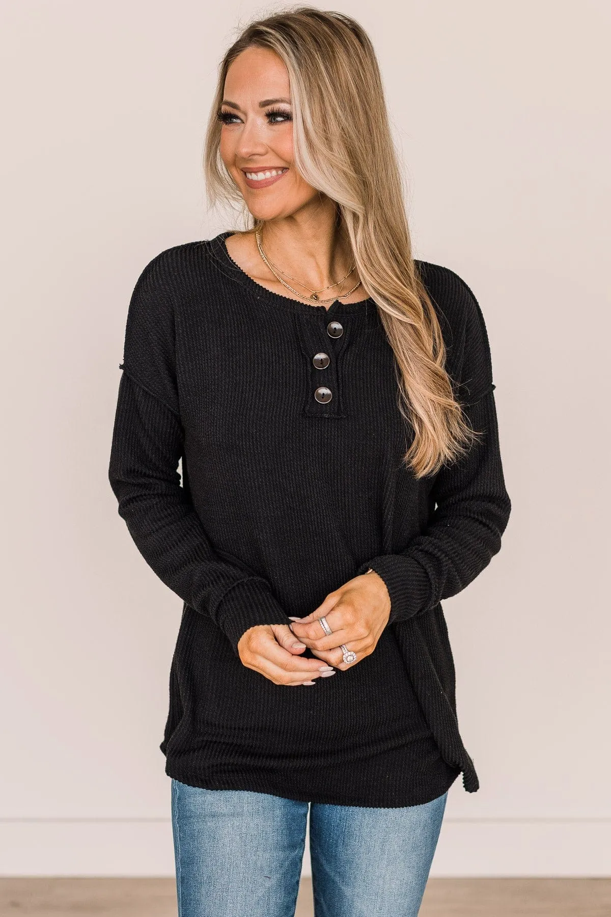 Make It Your Own Button Knit Top- Black