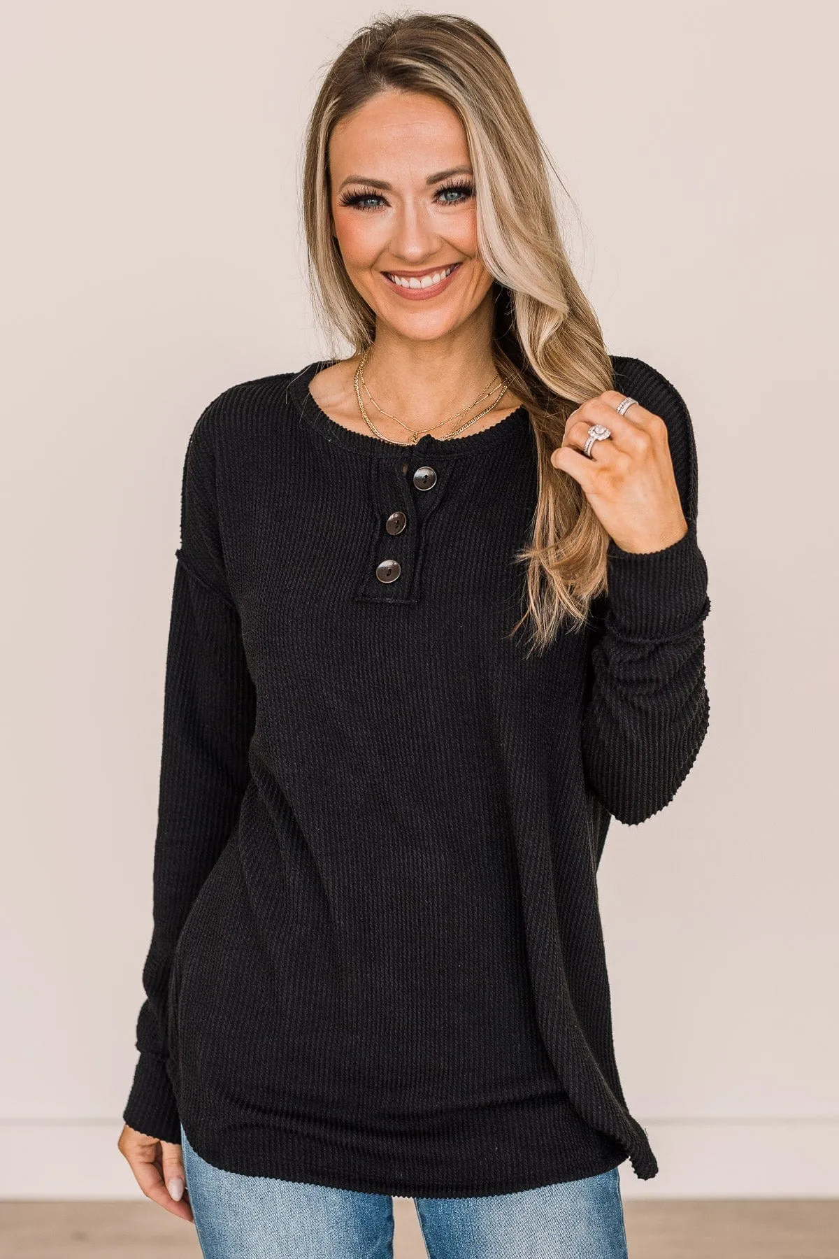 Make It Your Own Button Knit Top- Black