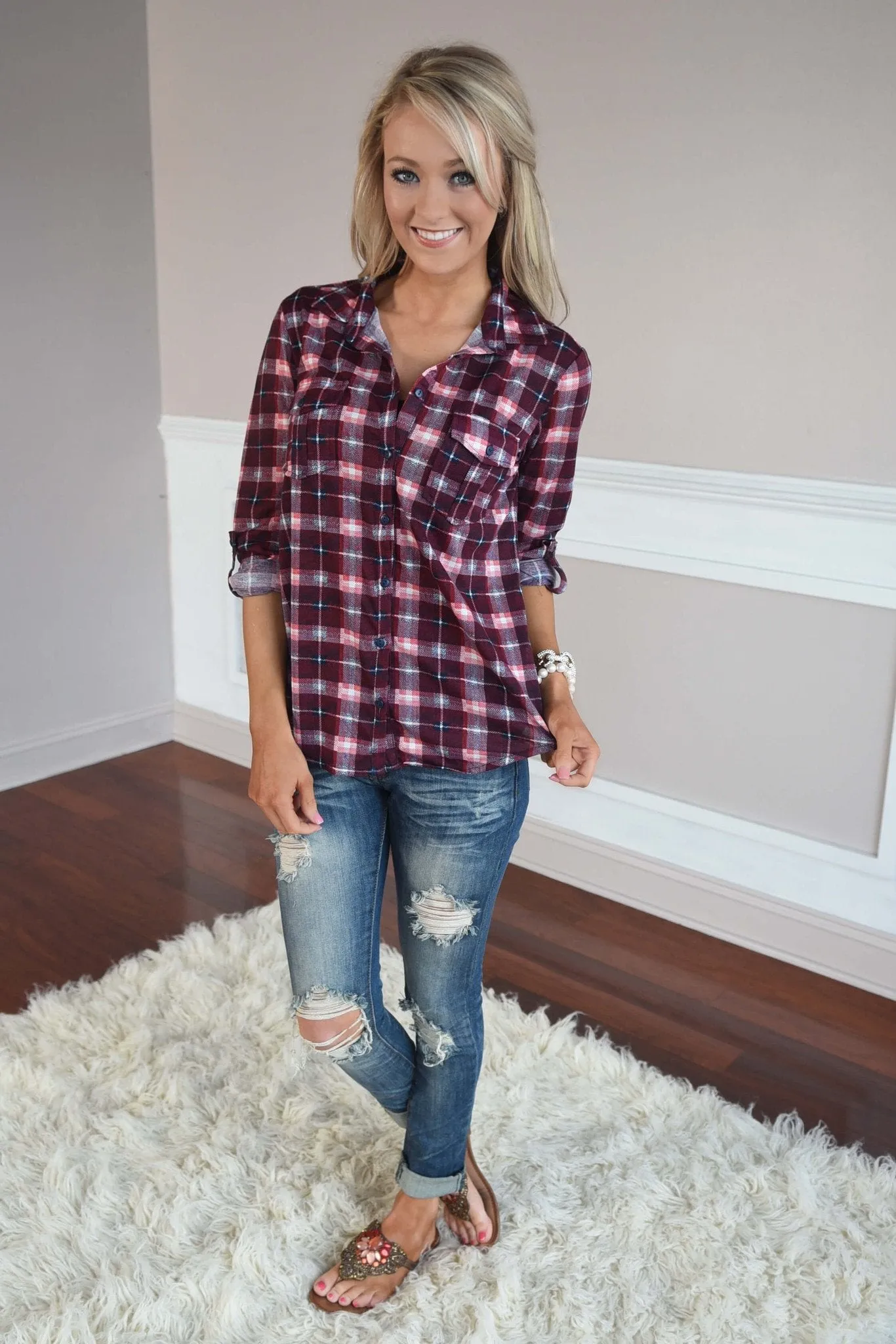 Maroon & Pink Button Up Top