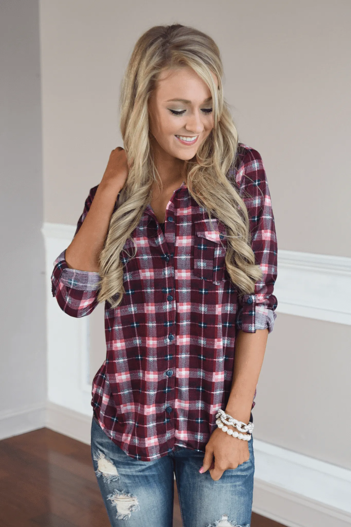 Maroon & Pink Button Up Top