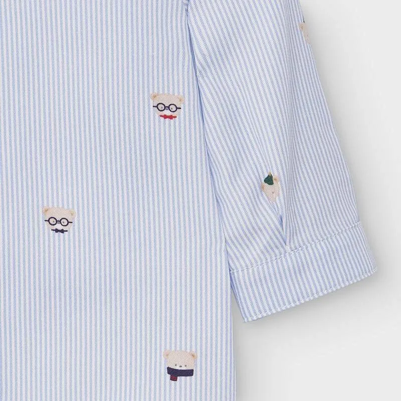 Mayoral Pinstripe Bear Faces Long Sleeve Button Up Shirt