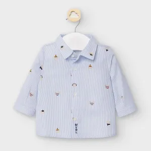 Mayoral Pinstripe Bear Faces Long Sleeve Button Up Shirt