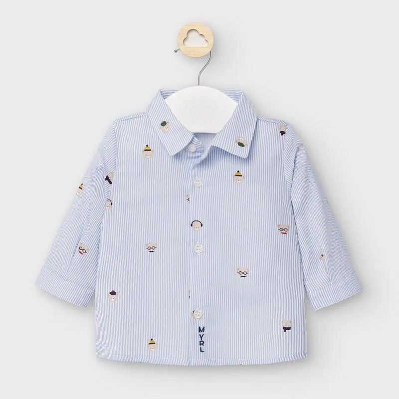 Mayoral Pinstripe Bear Faces Long Sleeve Button Up Shirt