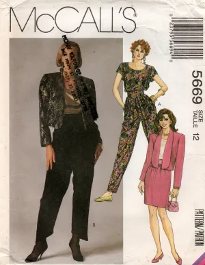 McCall's 5669 Womens Jacket Top Pleated Harem Pants & Skirt 1990s Vintage Sewing Pattern Size 12 Bust 34 inches UNCUT Factory Folded
