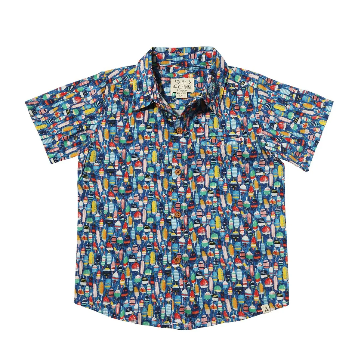 Me & Henry Maui Printed Collared Button Up Shirt- Multi Buoys