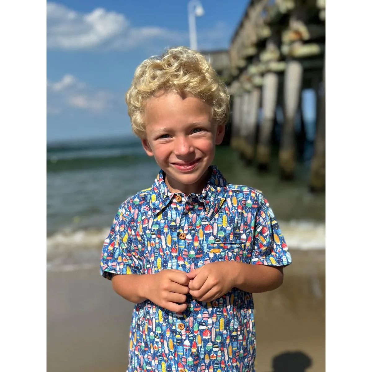 Me & Henry Maui Printed Collared Button Up Shirt- Multi Buoys