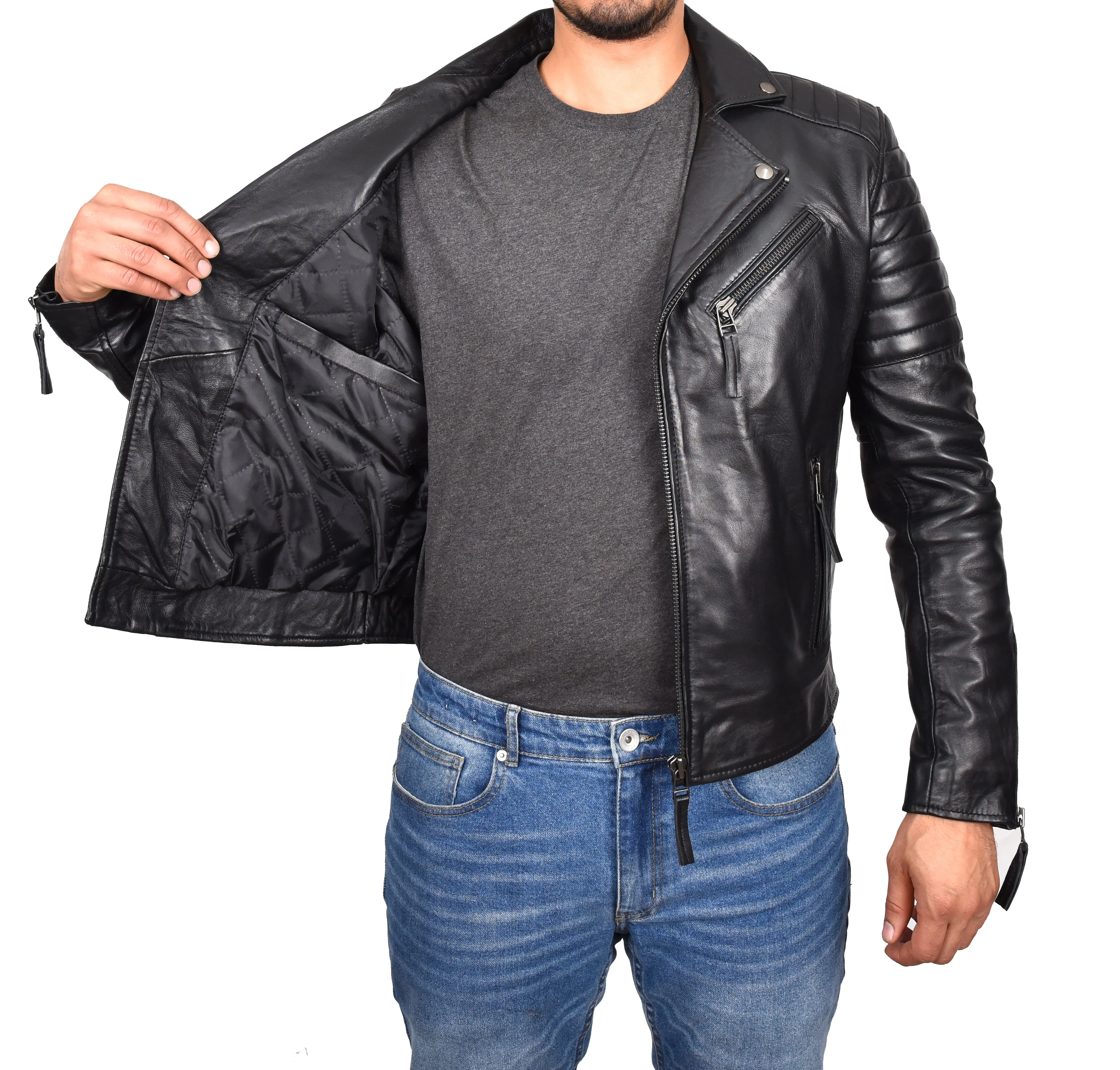 Men's Slim Fit Quilted Biker Jacket Real Leather Black Infinix
