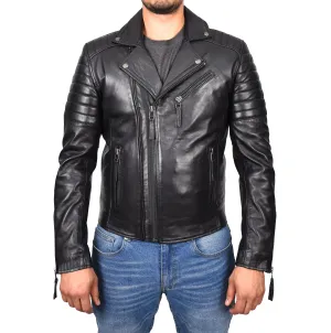 Men's Slim Fit Quilted Biker Jacket Real Leather Black Infinix