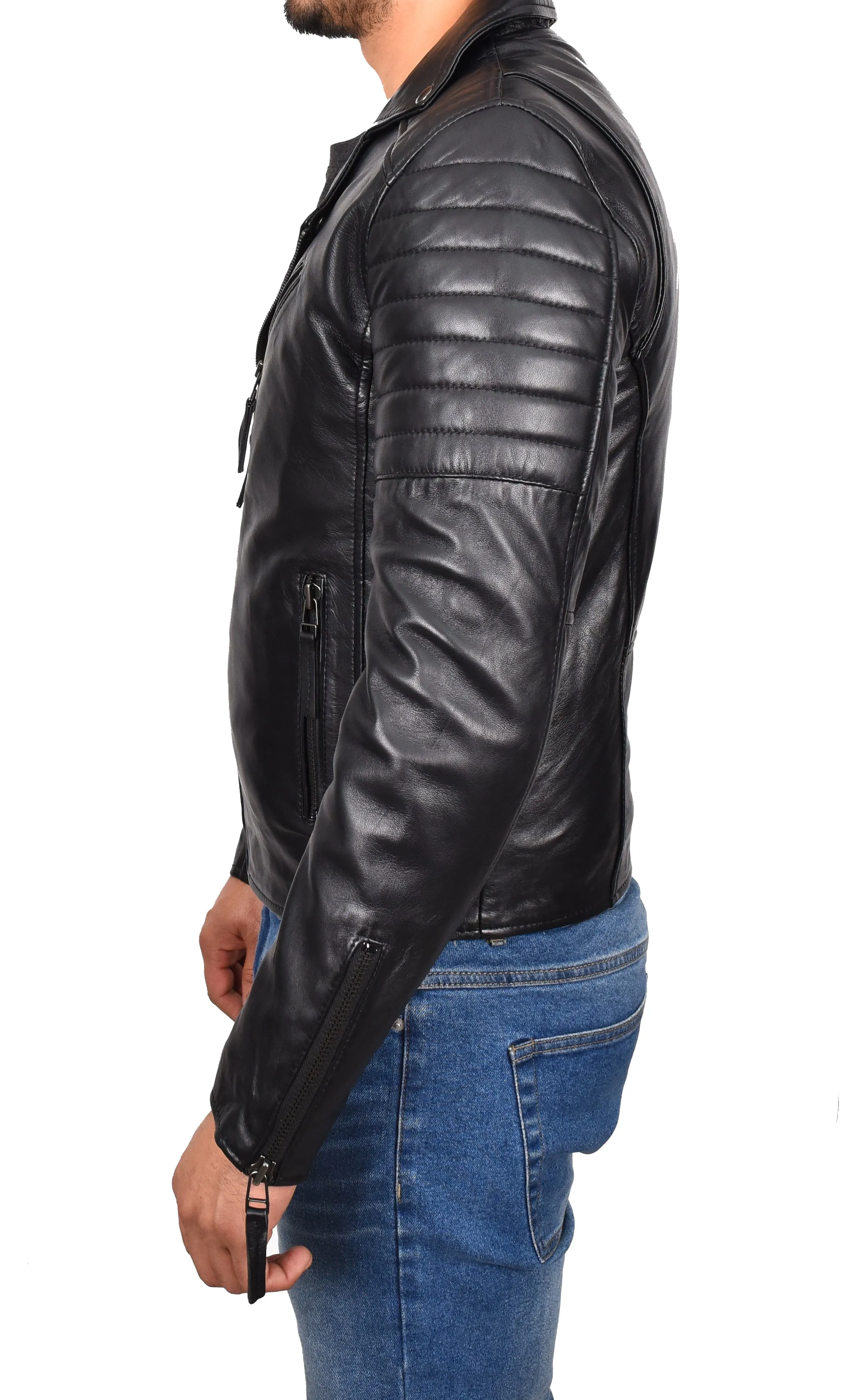 Men's Slim Fit Quilted Biker Jacket Real Leather Black Infinix