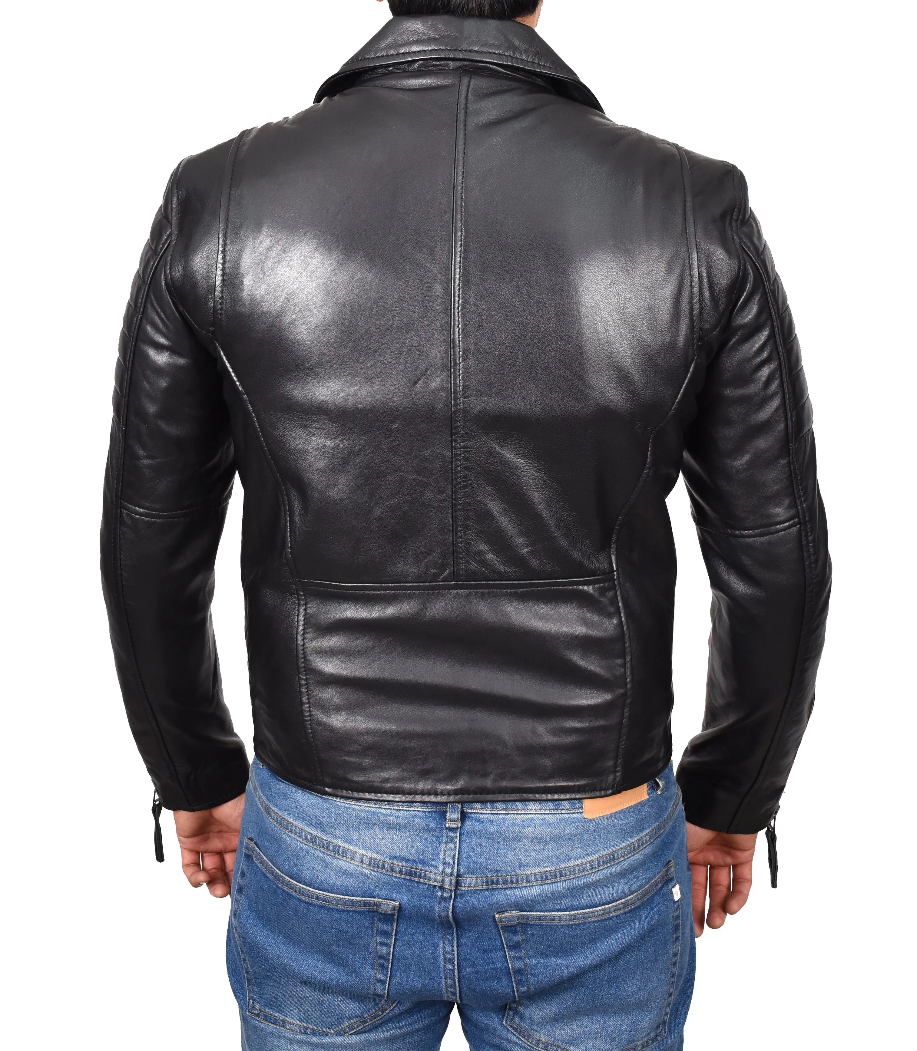 Men's Slim Fit Quilted Biker Jacket Real Leather Black Infinix