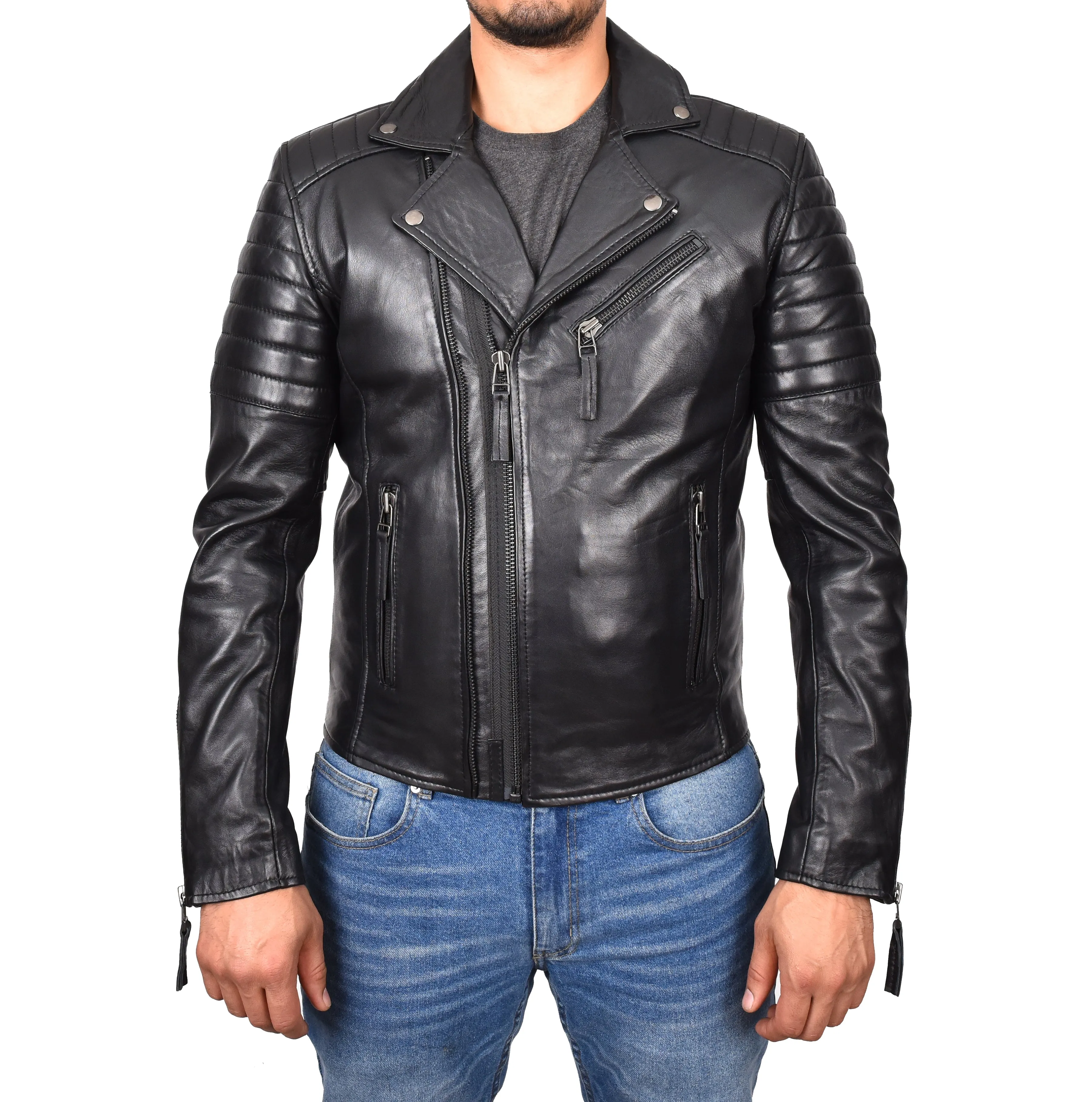Men's Slim Fit Quilted Biker Jacket Real Leather Black Infinix