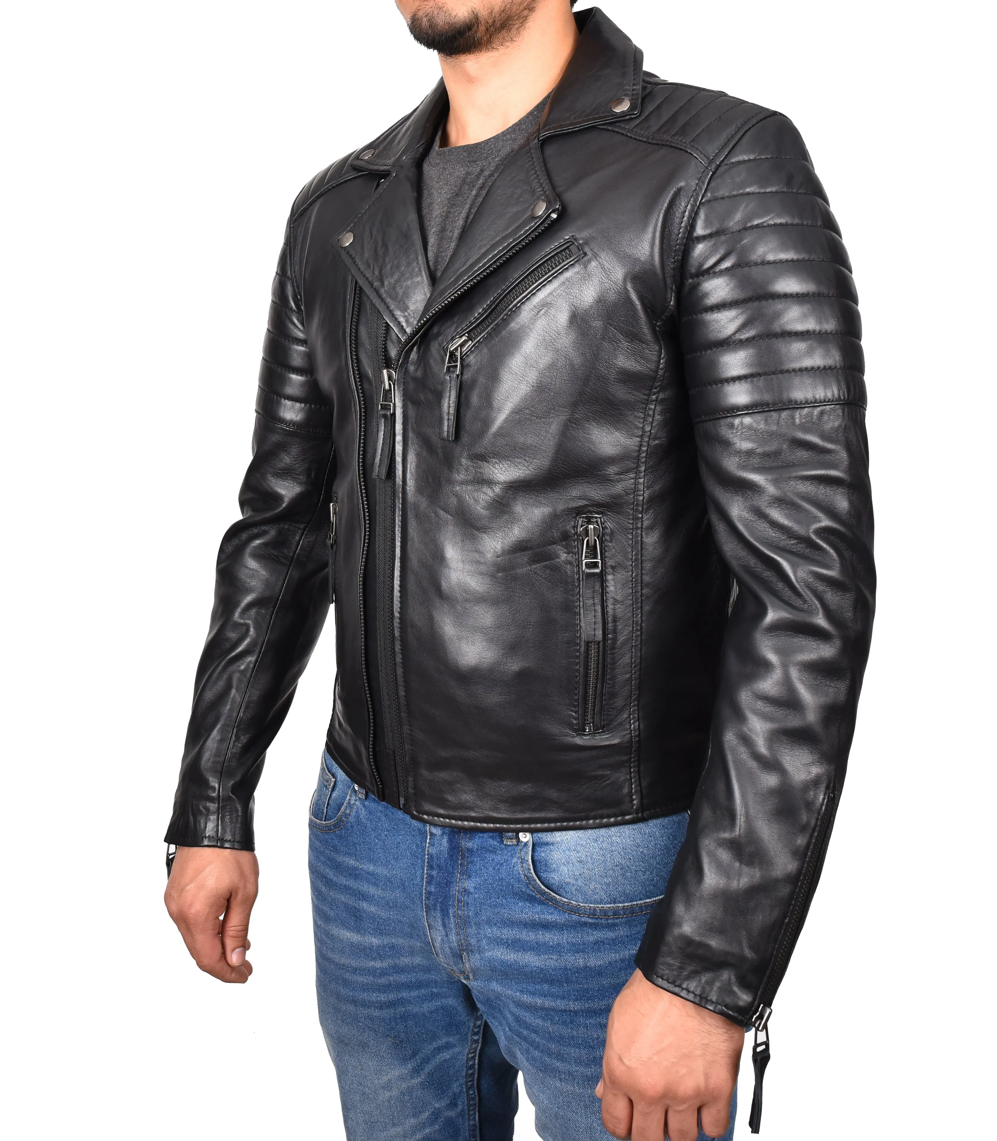 Men's Slim Fit Quilted Biker Jacket Real Leather Black Infinix