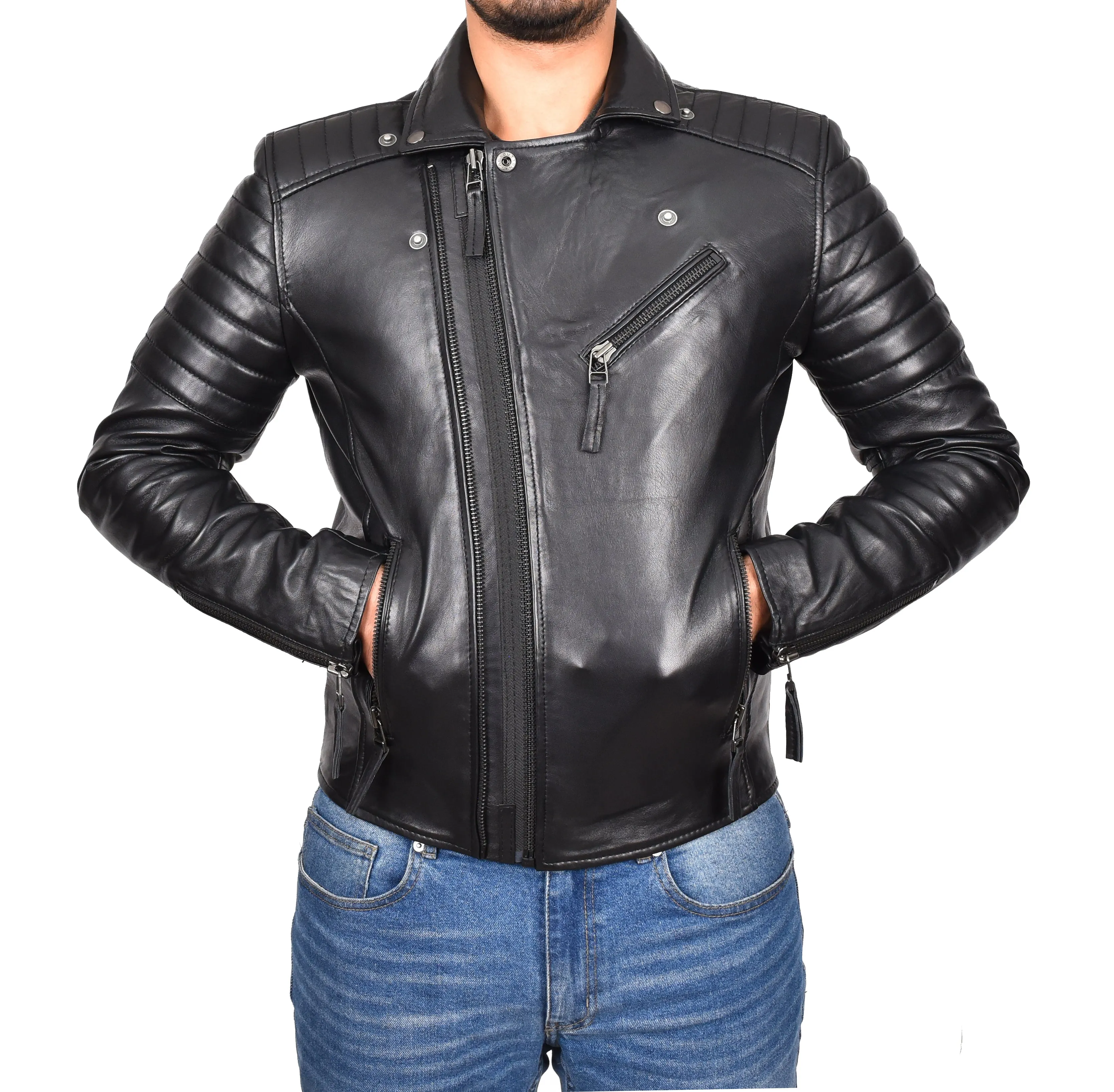 Men's Slim Fit Quilted Biker Jacket Real Leather Black Infinix