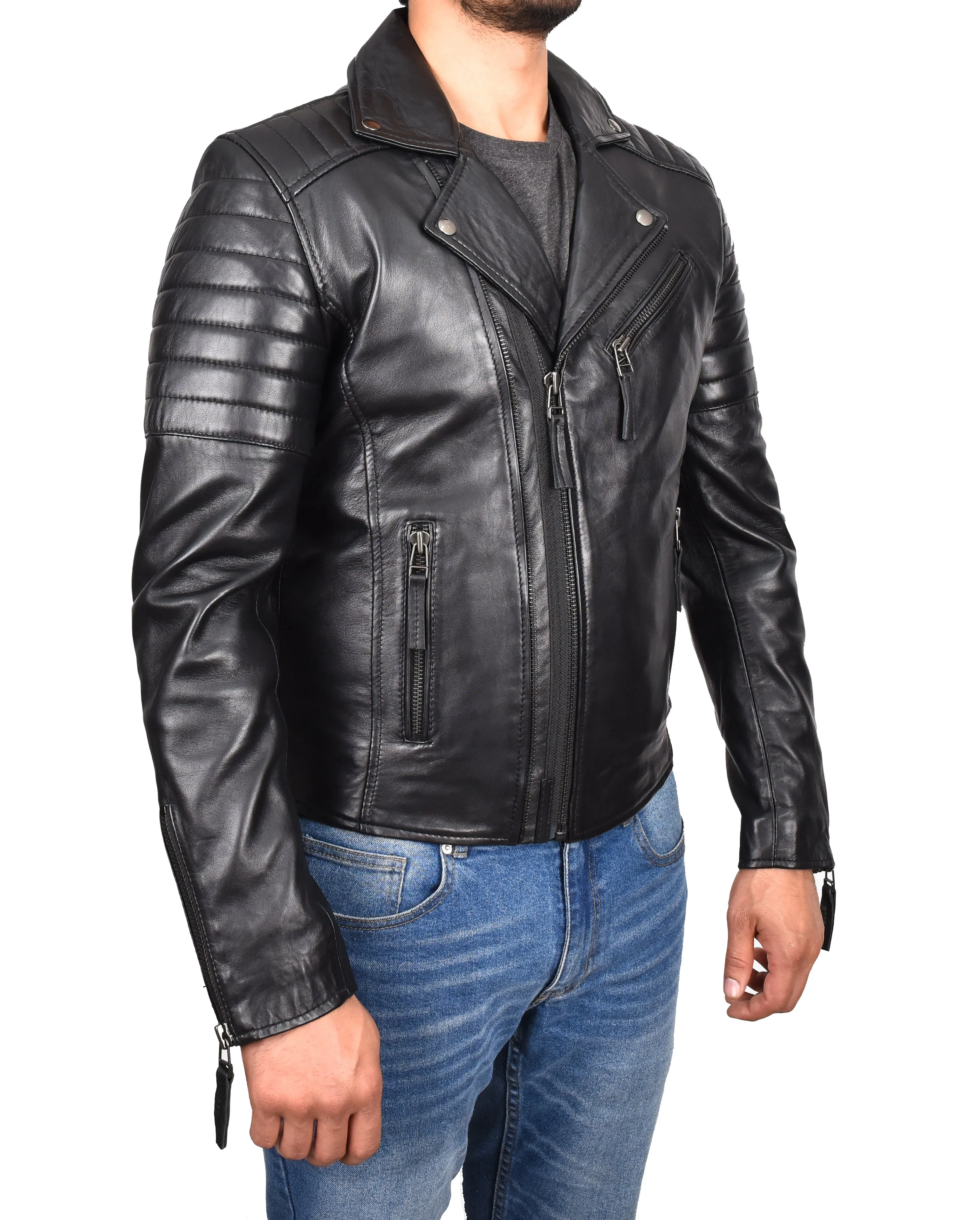 Men's Slim Fit Quilted Biker Jacket Real Leather Black Infinix