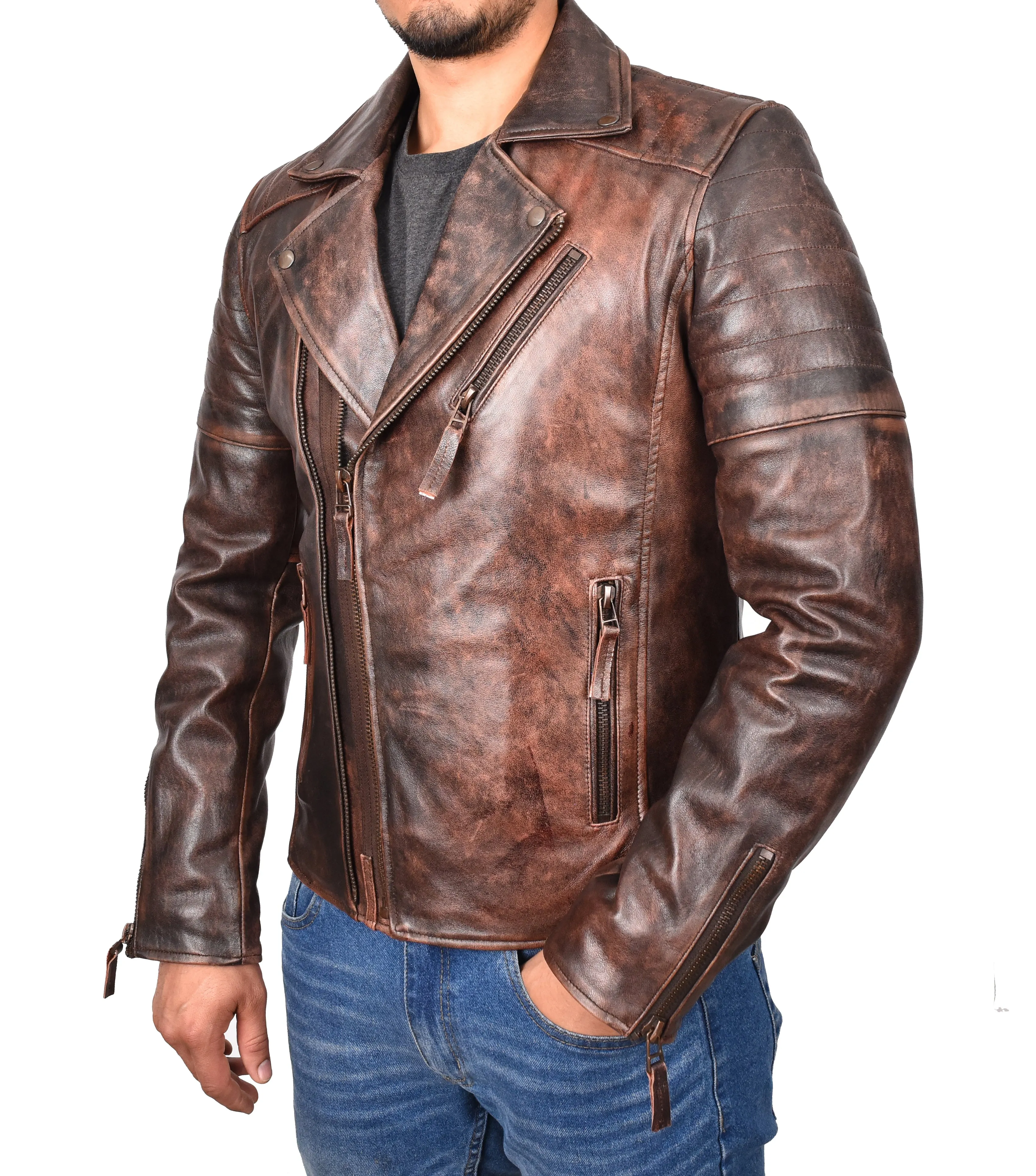 Men's Slim Fit Quilted Biker Jacket Real Leather Rust Infinix