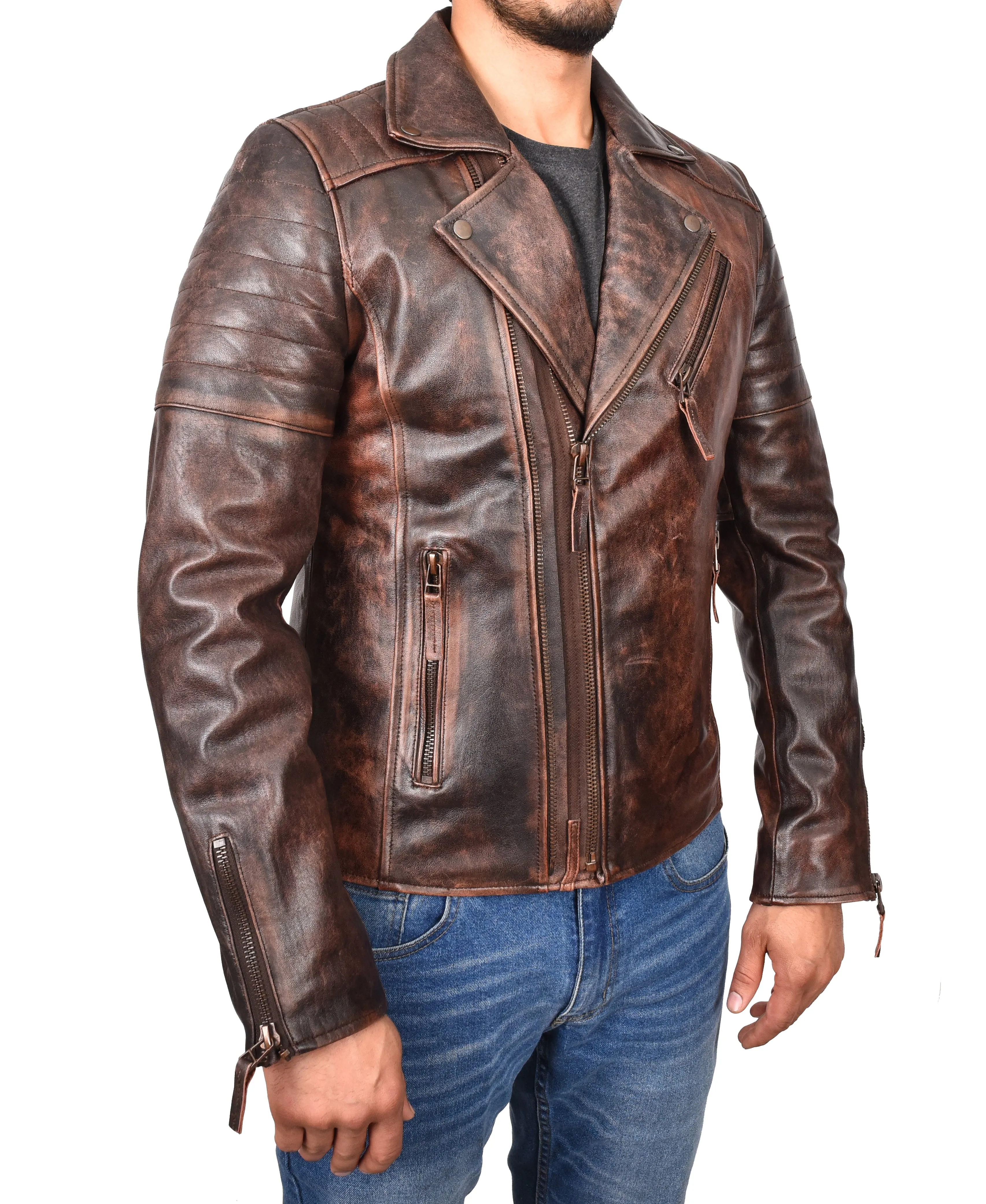 Men's Slim Fit Quilted Biker Jacket Real Leather Rust Infinix