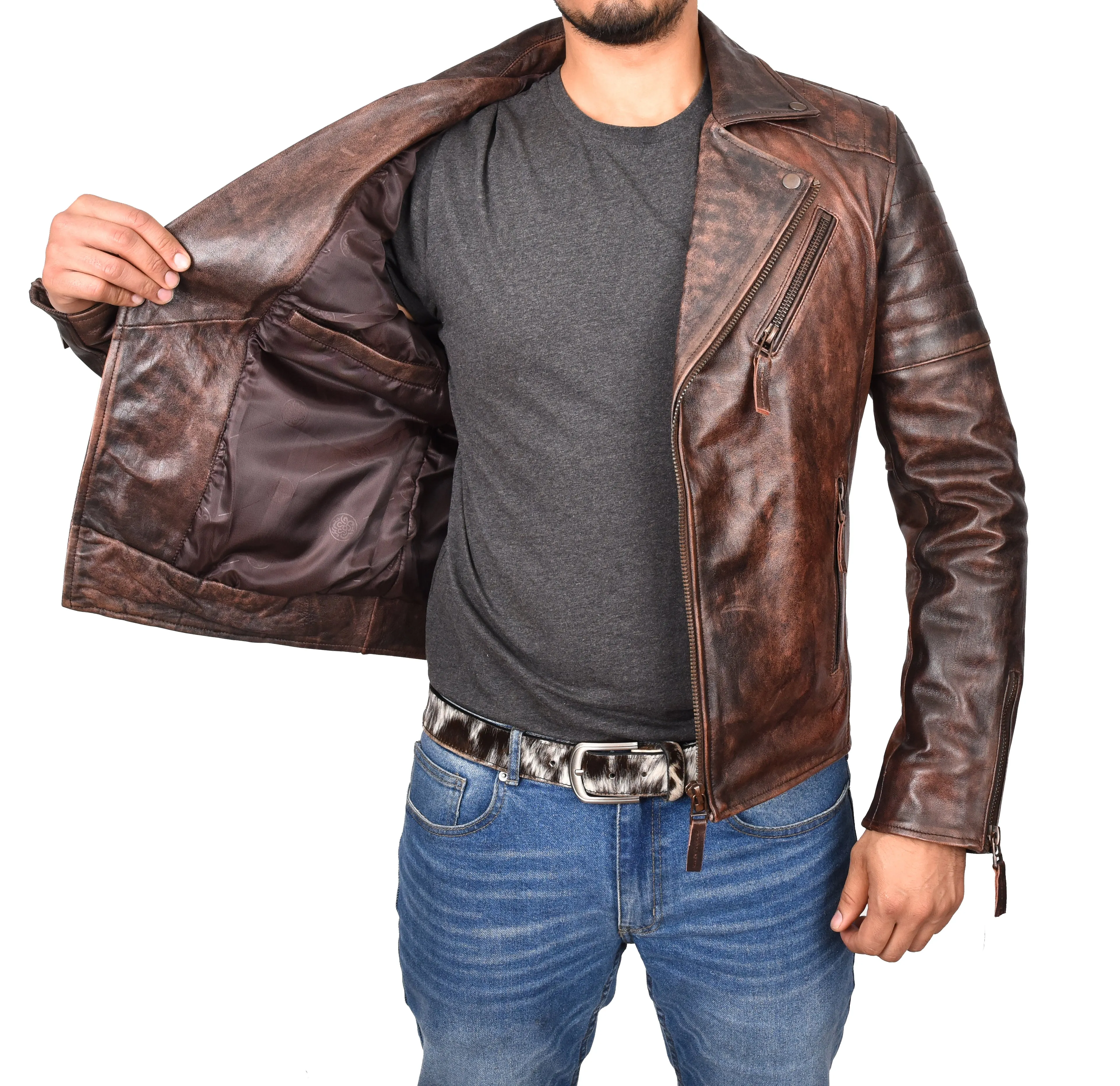 Men's Slim Fit Quilted Biker Jacket Real Leather Rust Infinix