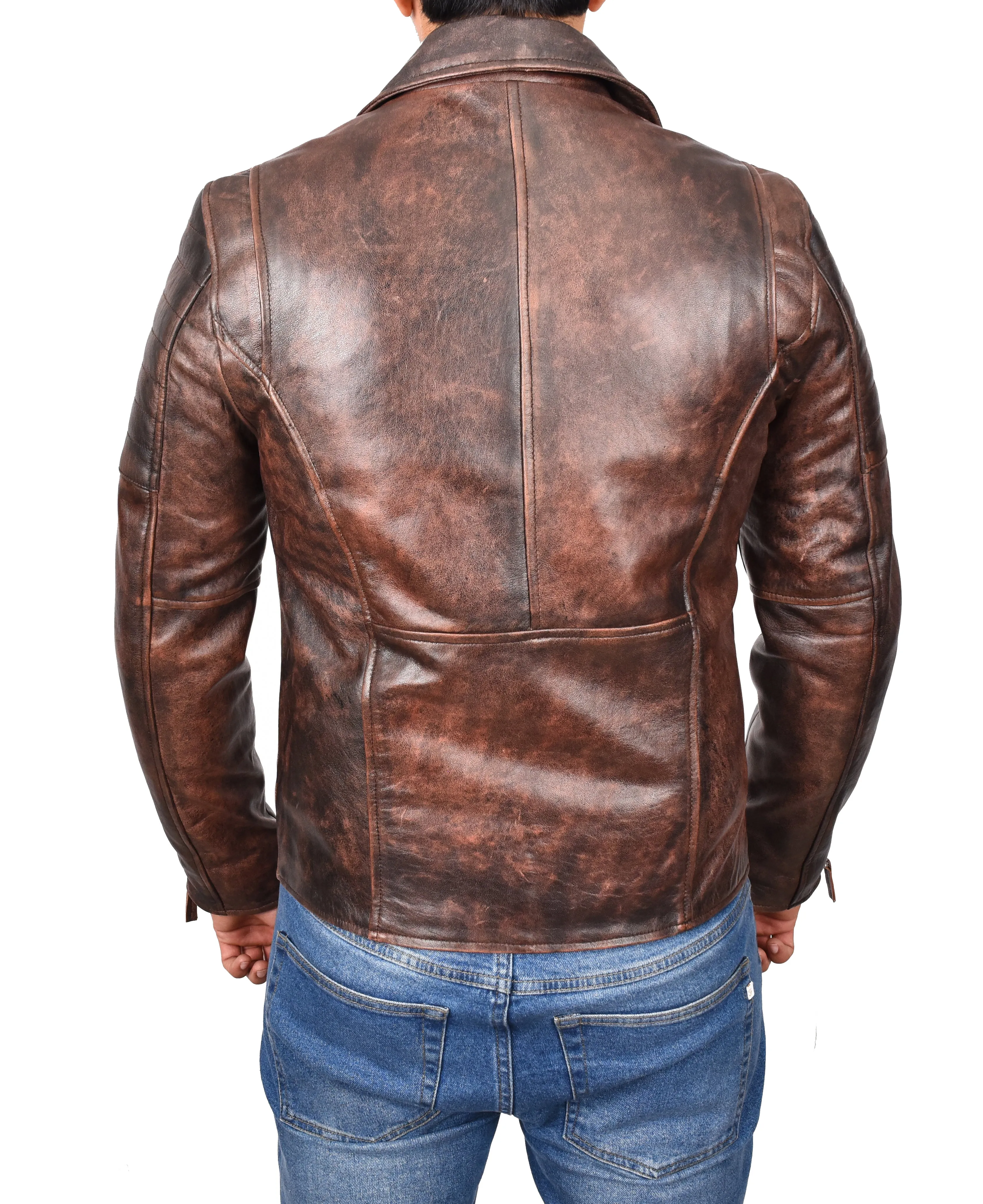 Men's Slim Fit Quilted Biker Jacket Real Leather Rust Infinix