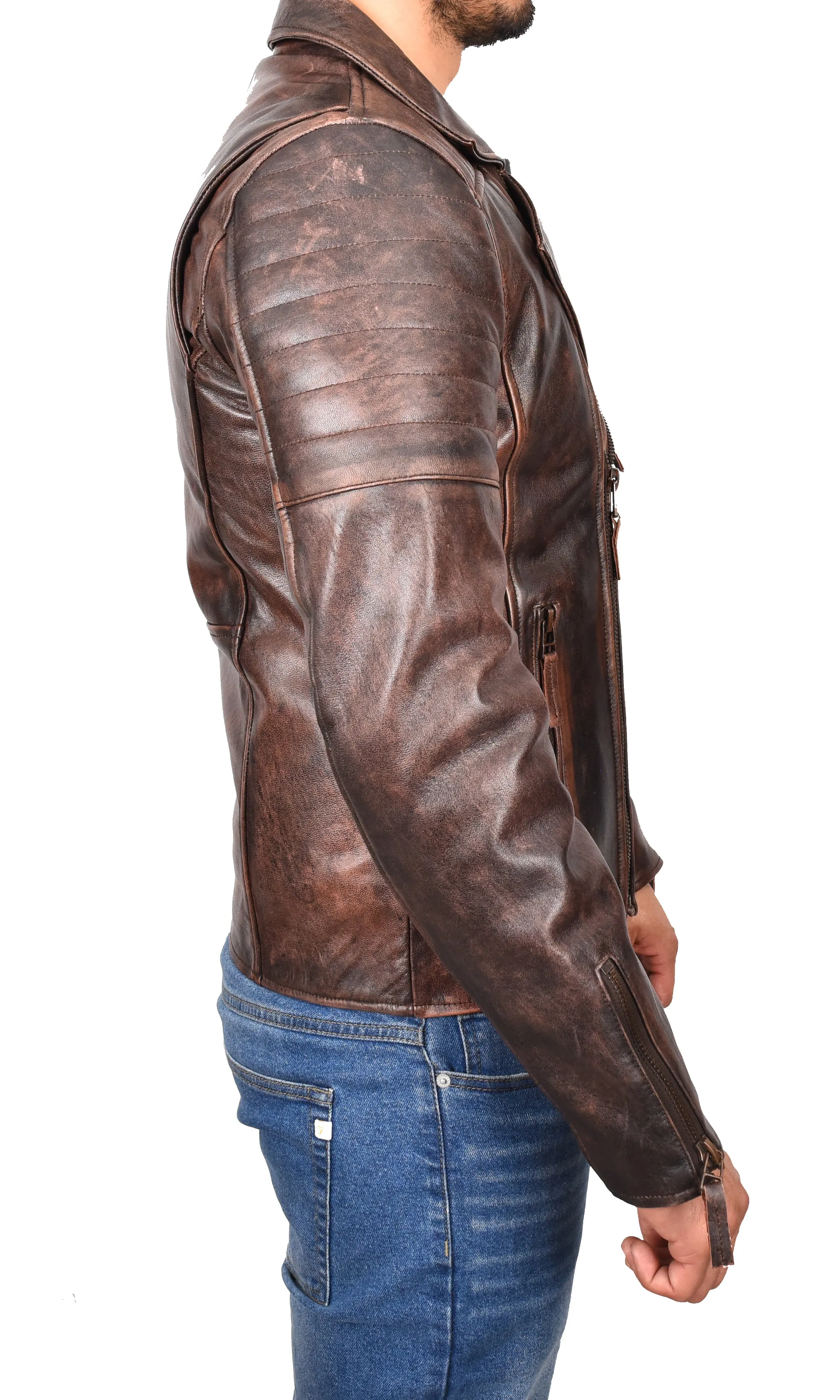 Men's Slim Fit Quilted Biker Jacket Real Leather Rust Infinix