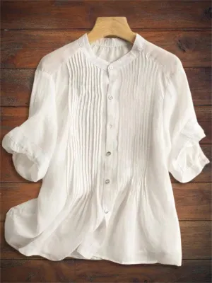 Merindah™ | Cotton & Linen Pleated Mid-Sleeve Shirt