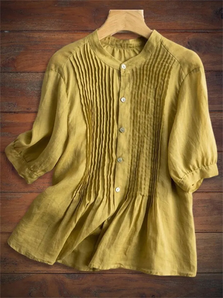 Merindah™ | Cotton & Linen Pleated Mid-Sleeve Shirt