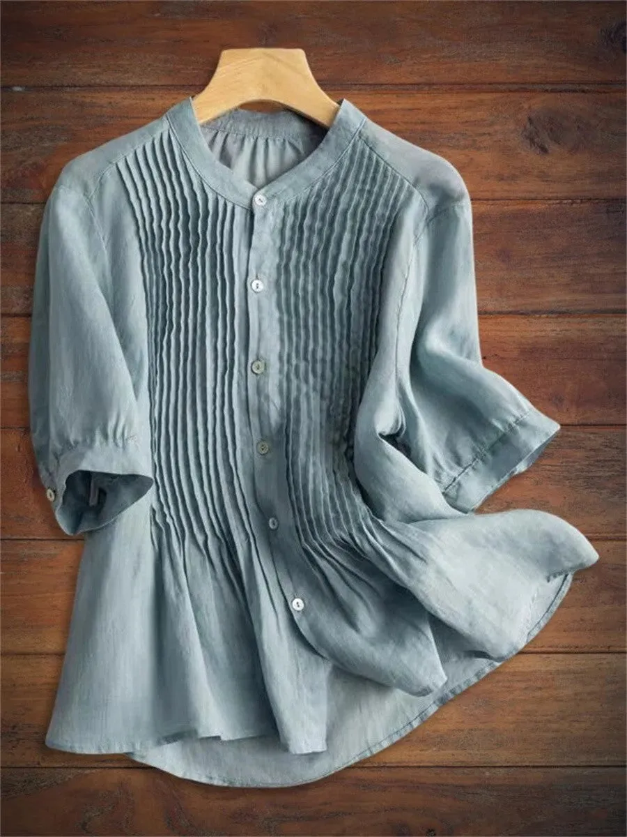 Merindah™ | Cotton & Linen Pleated Mid-Sleeve Shirt