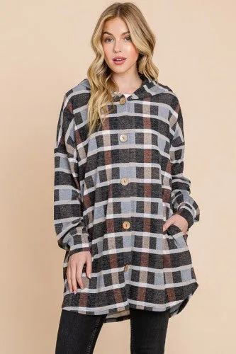 Mocha Multi Plaid Button Front Hooded Cardi