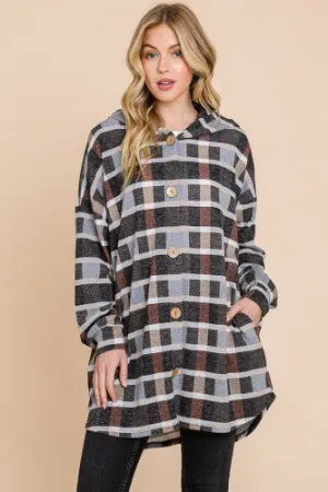 Mocha Multi Plaid Button Front Hooded Cardi
