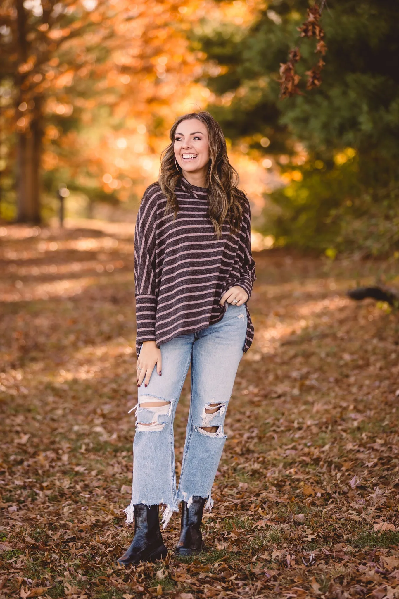 Mocha   Taupe Stripe Cowl Neck