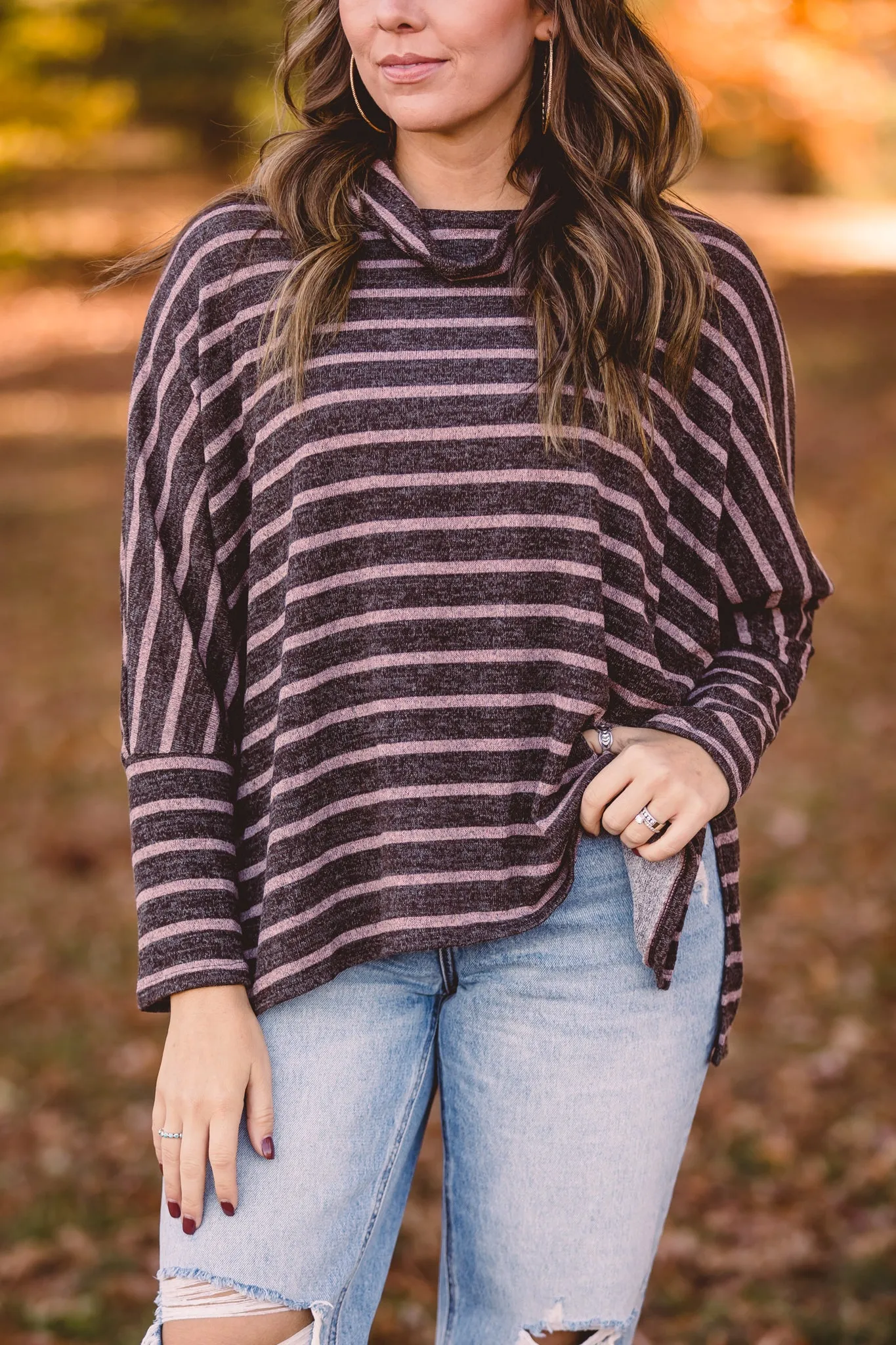 Mocha   Taupe Stripe Cowl Neck