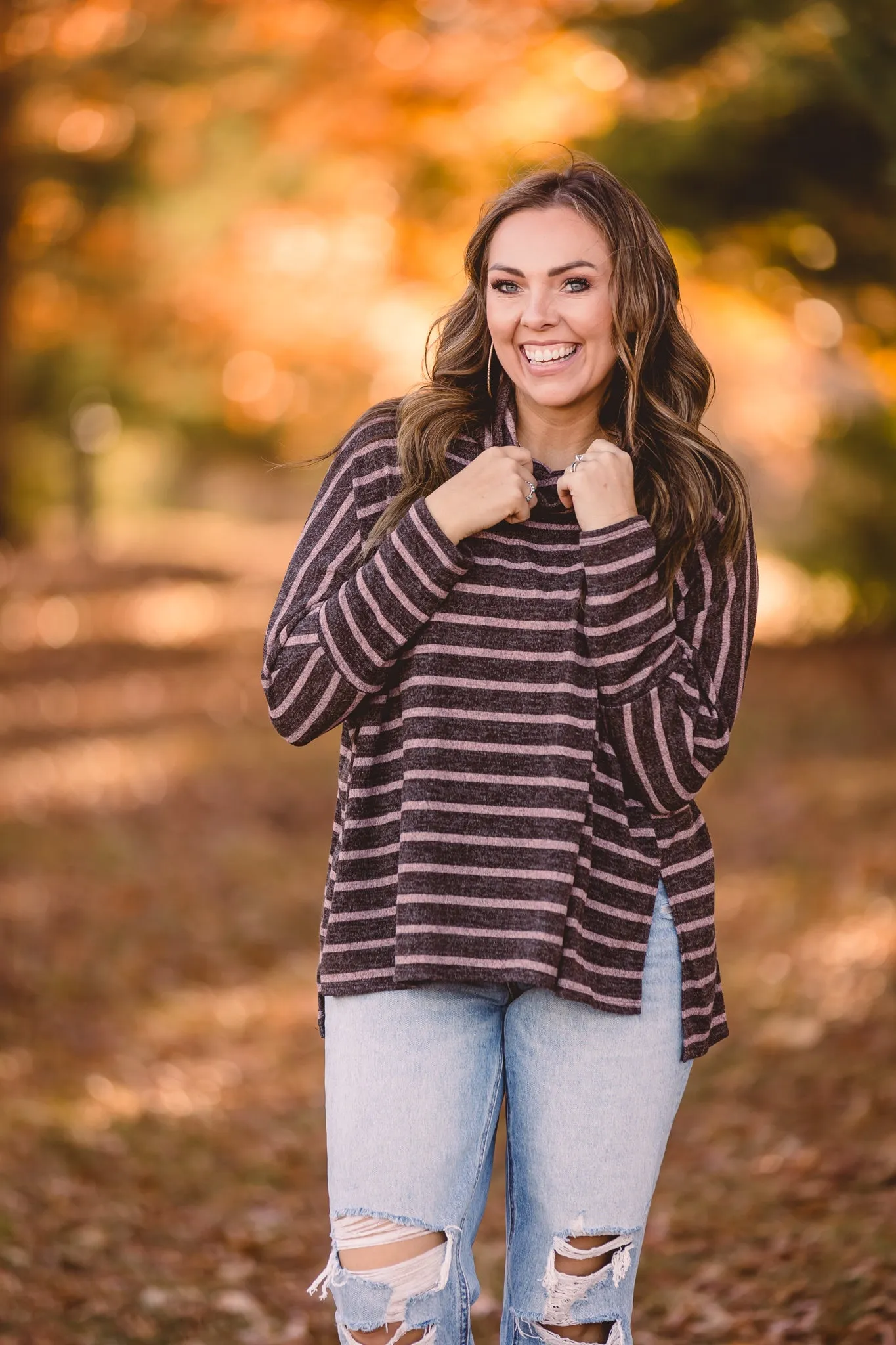 Mocha   Taupe Stripe Cowl Neck