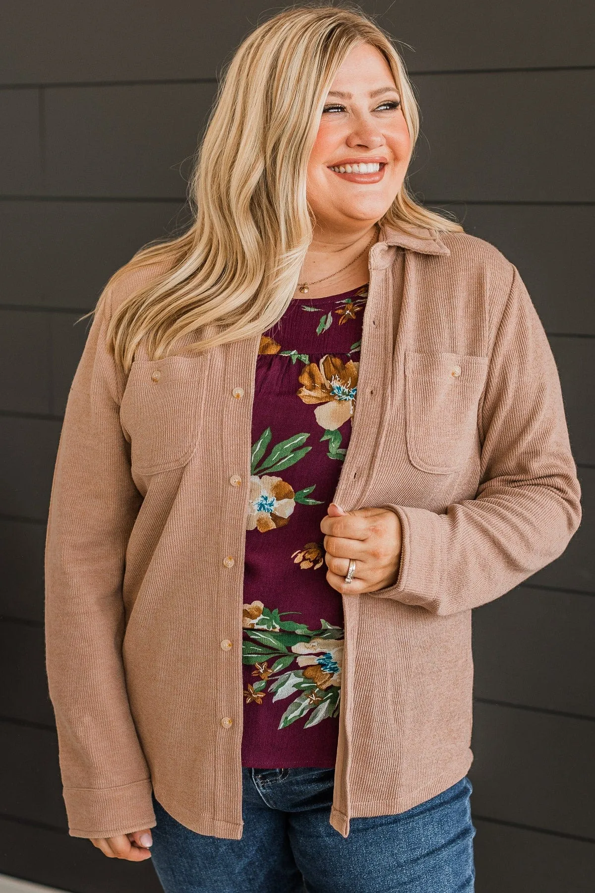 Never Letting Go Button Top- Taupe