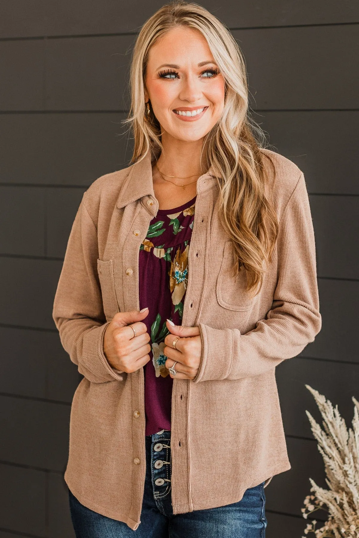 Never Letting Go Button Top- Taupe