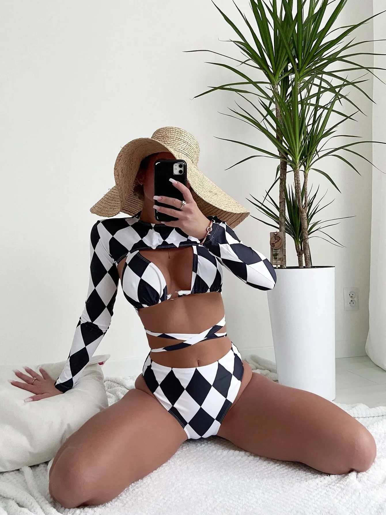 New Shein 3 pack Geo Color Block Lace Up Bikini Swimsuit & Cover Up Top, Sz S!