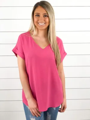 Office Essentials V Neck Top - Hot Pink