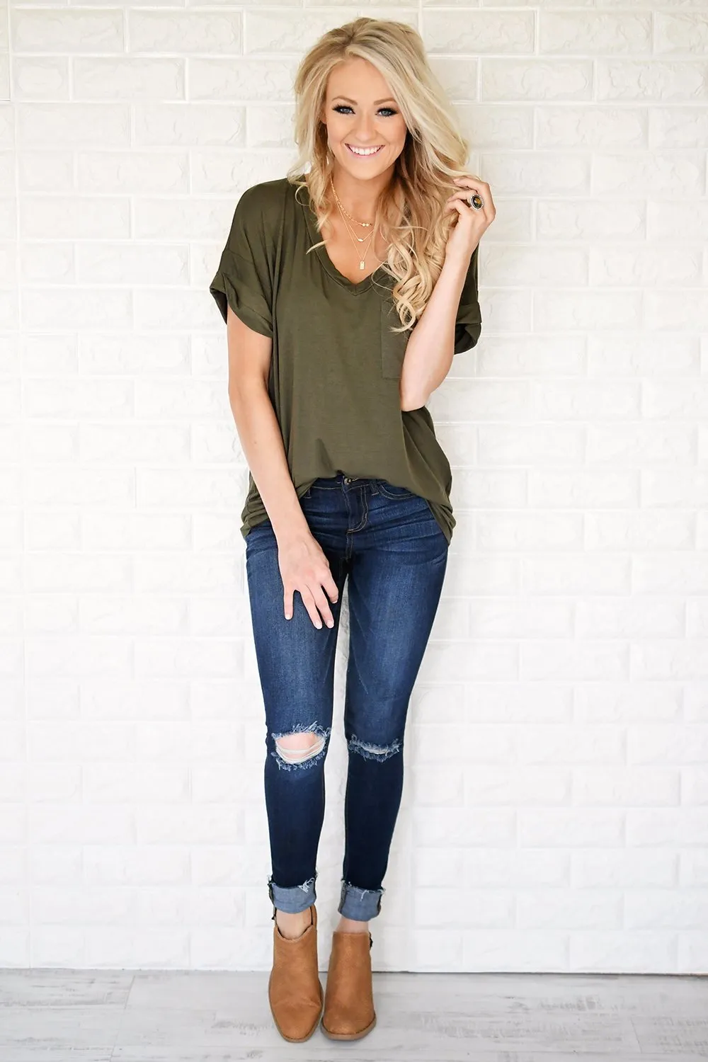 Olive V-Neck Pocket Tee