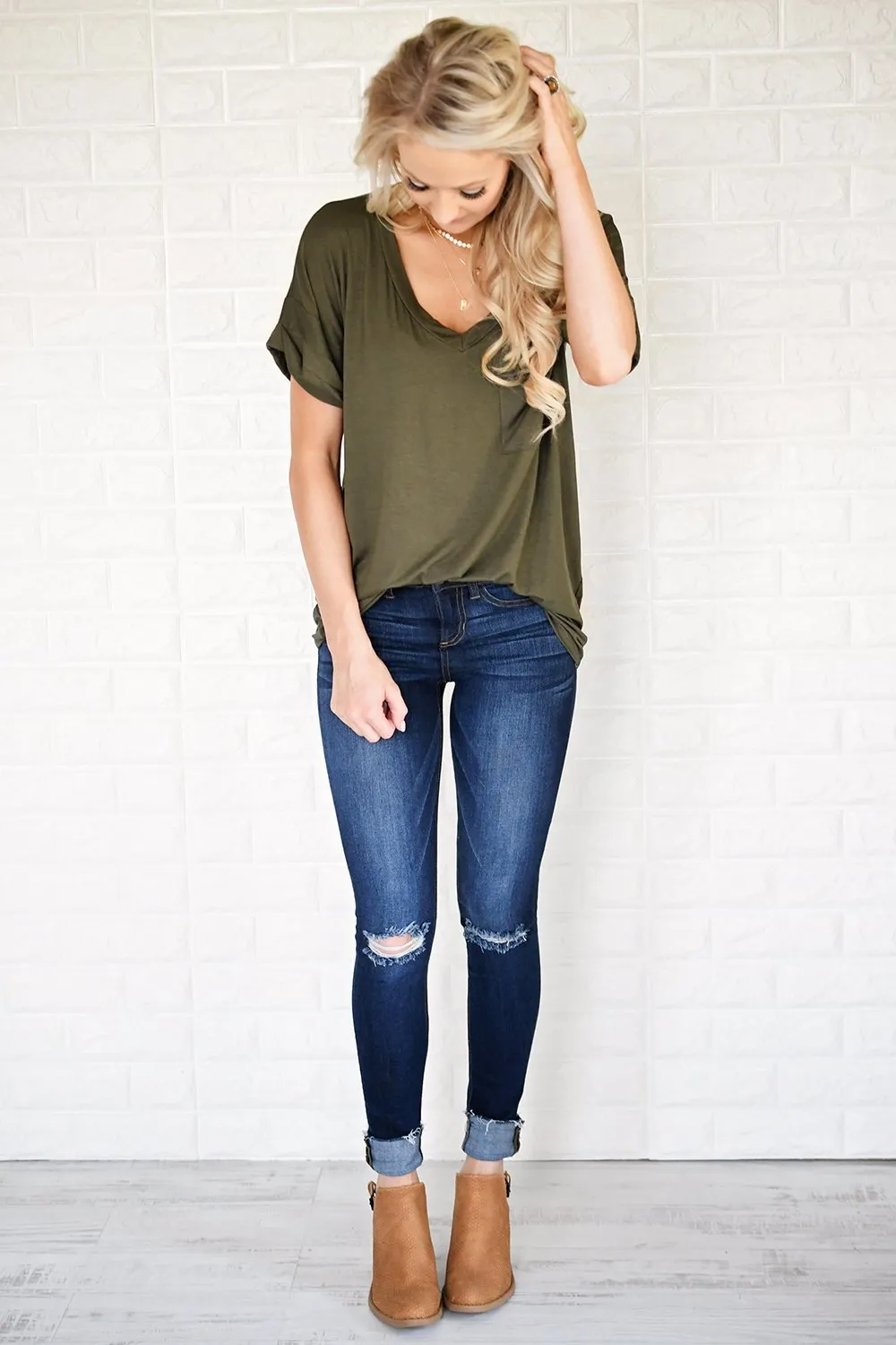 Olive V-Neck Pocket Tee