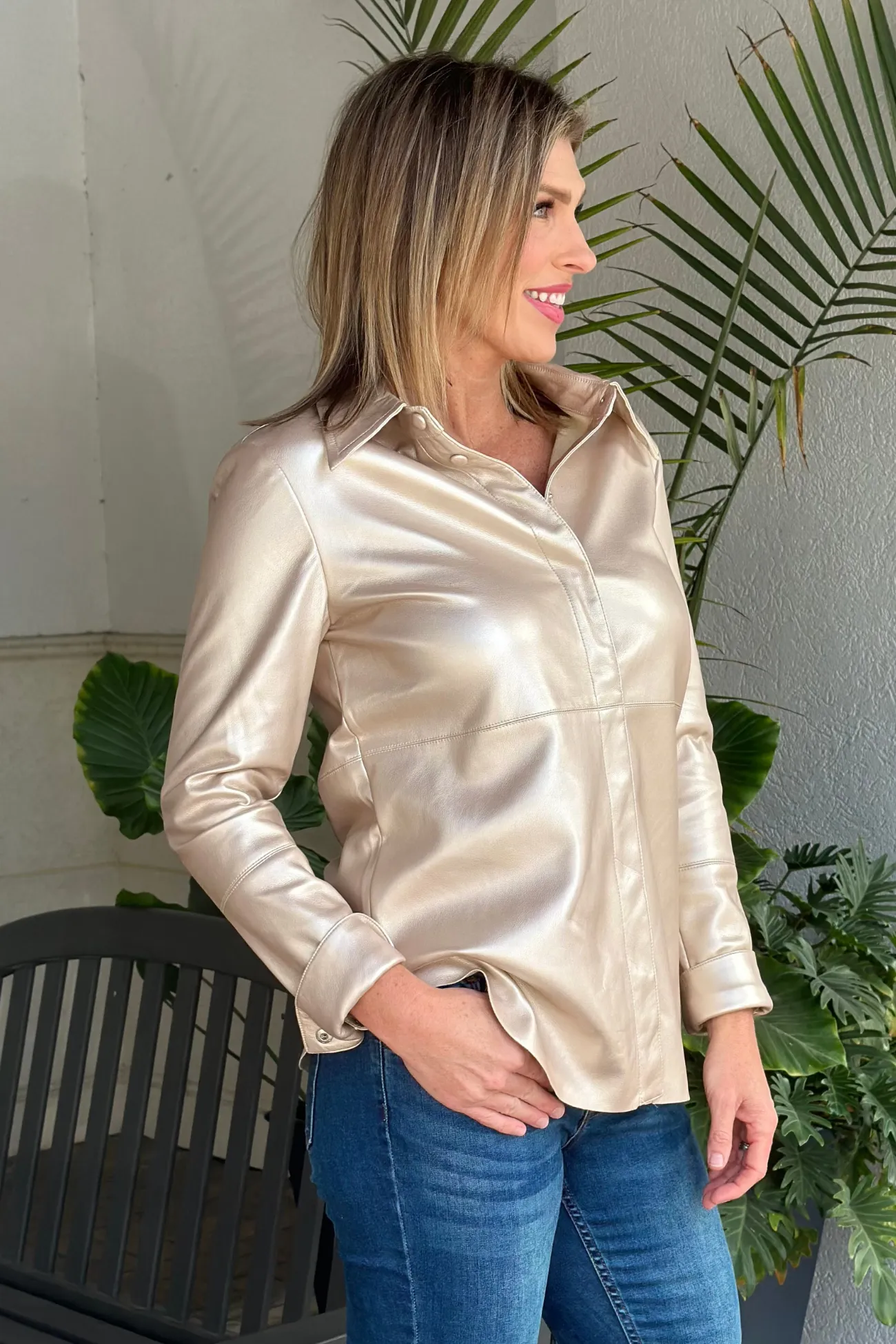 Photo Worthy Pale Gold Metallic Faux Leather Button-Up Shirt