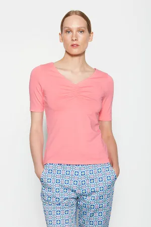PINK FRONT GATHERING V-NECK T-SHIRT