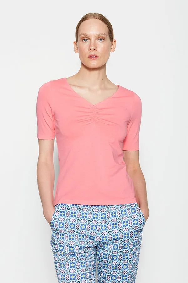 PINK FRONT GATHERING V-NECK T-SHIRT