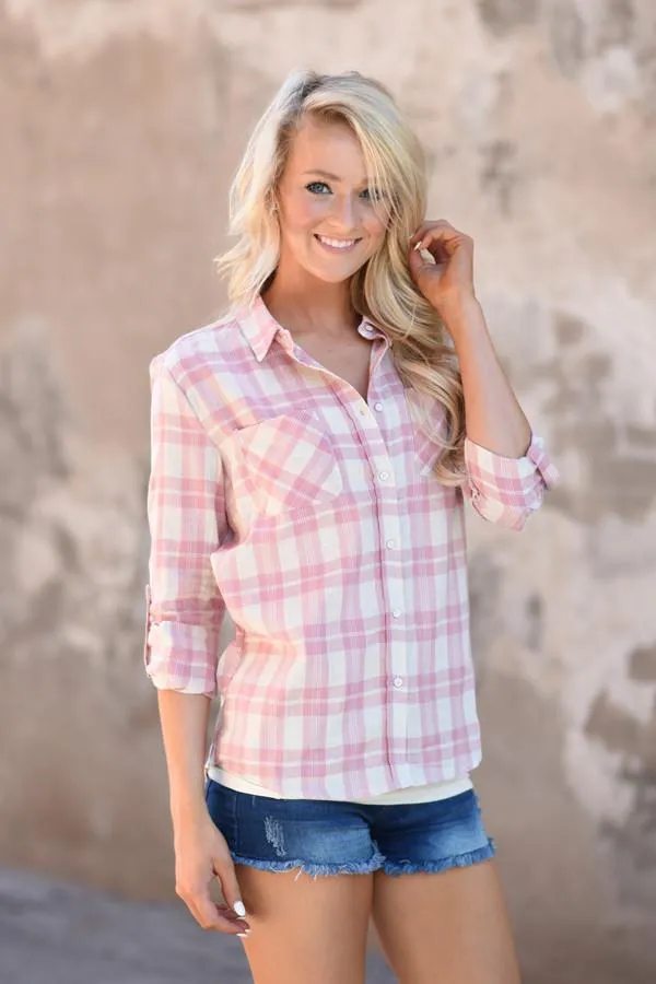 Pink Plaid Button Up Top