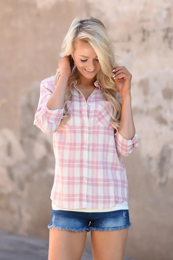 Pink Plaid Button Up Top