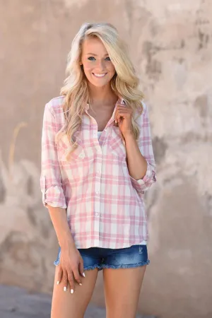 Pink Plaid Button Up Top