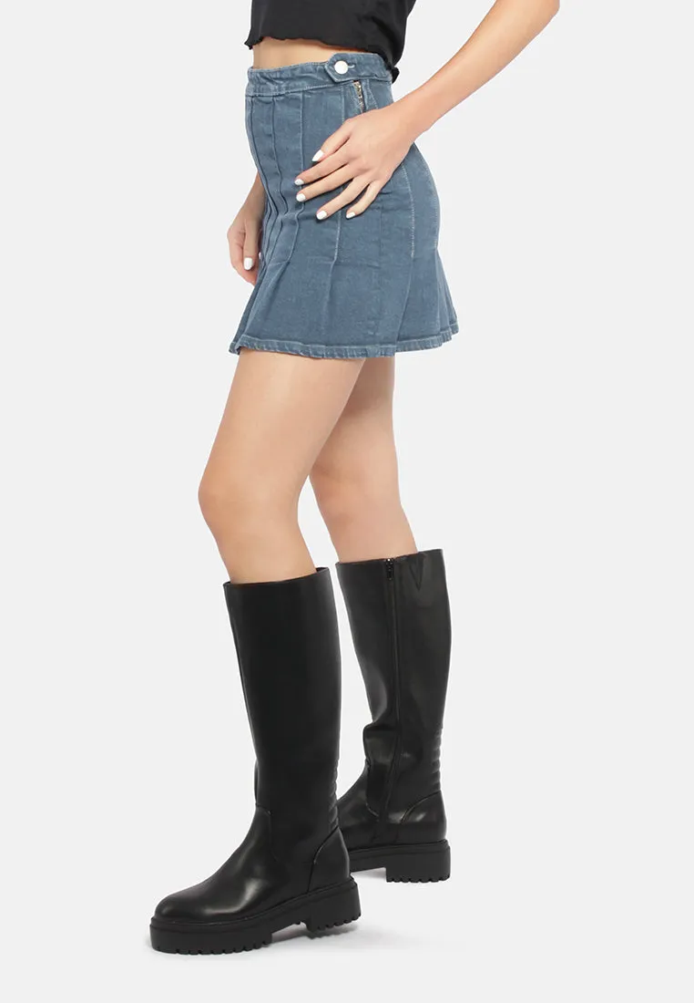 Pleated Denim Mini Skirt