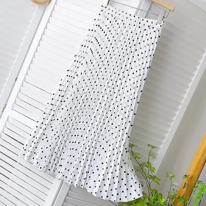 Pleated  Dot Long Skirts for Women Spring Summer Midi Skirt