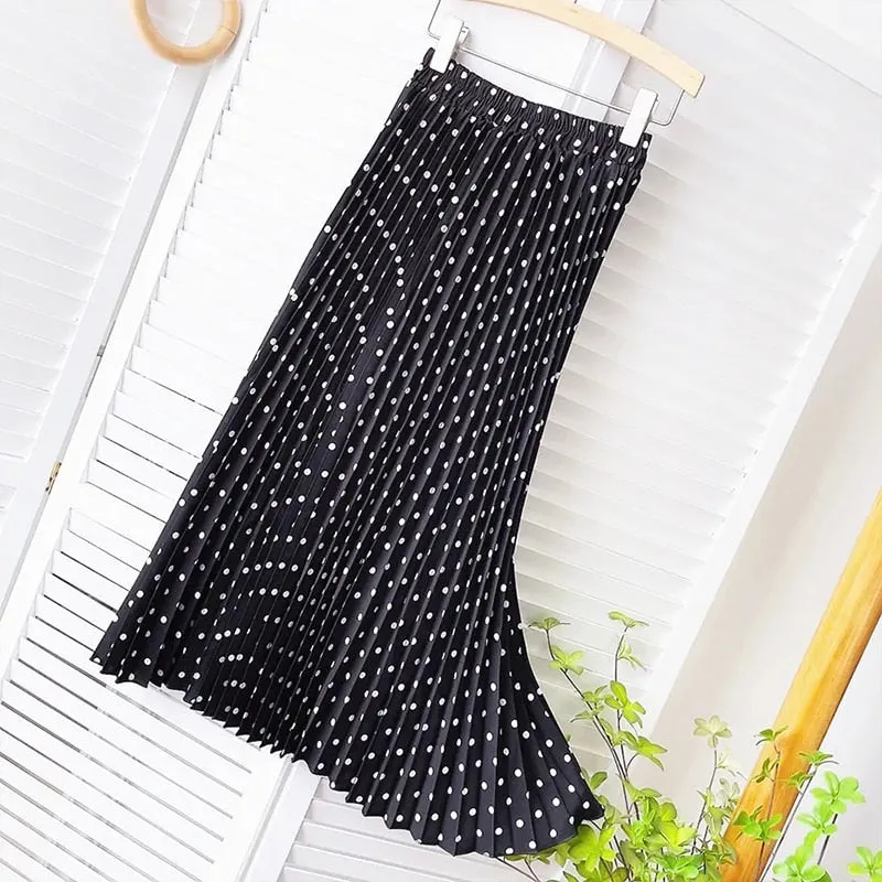 Pleated  Dot Long Skirts for Women Spring Summer Midi Skirt